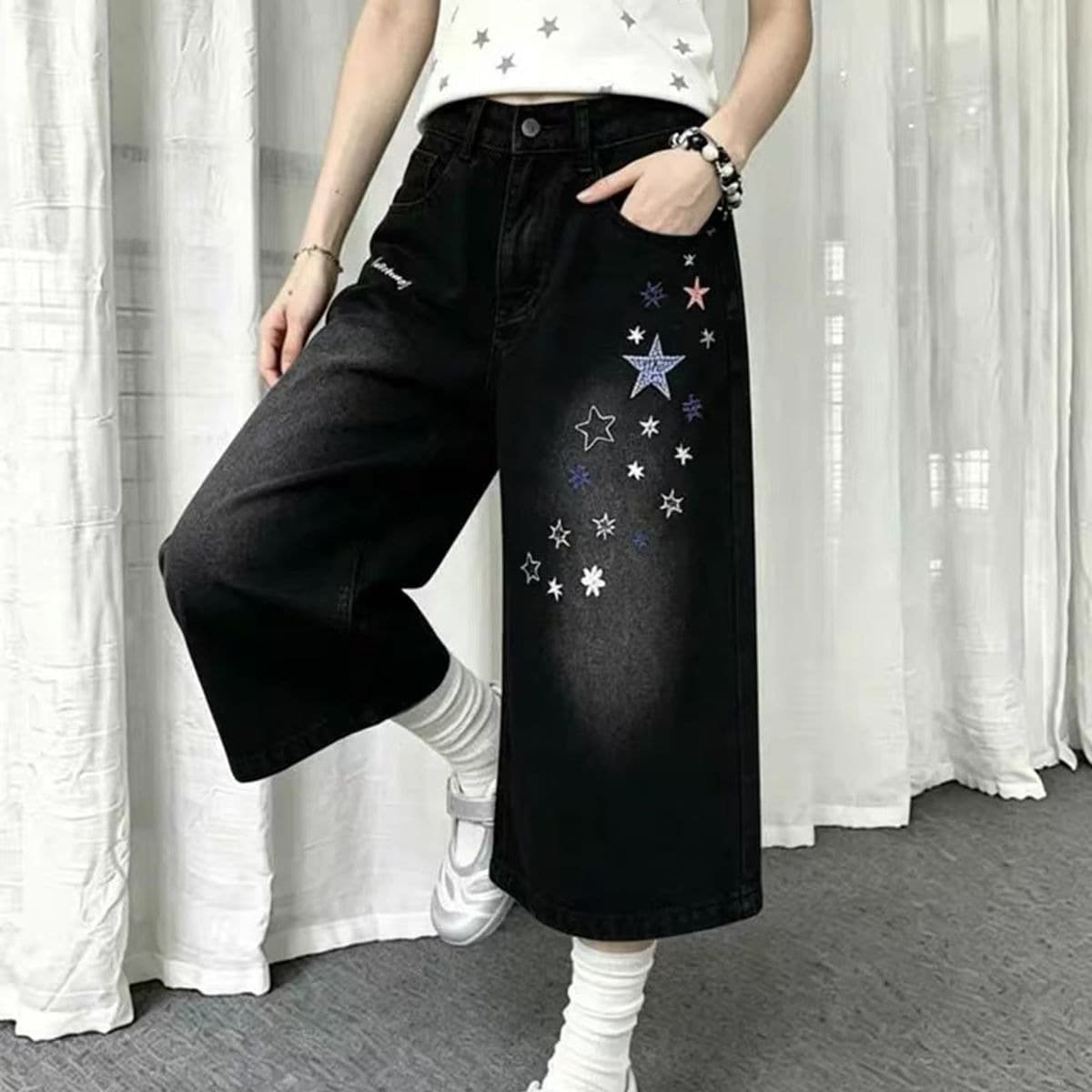 아메리칸 핫걸 별 자수 넓은 다리 데님 반바지 여성 여름 새로운 루즈핏 캐주얼 슬림해 보이는 7부 바지 바지 이미지 5