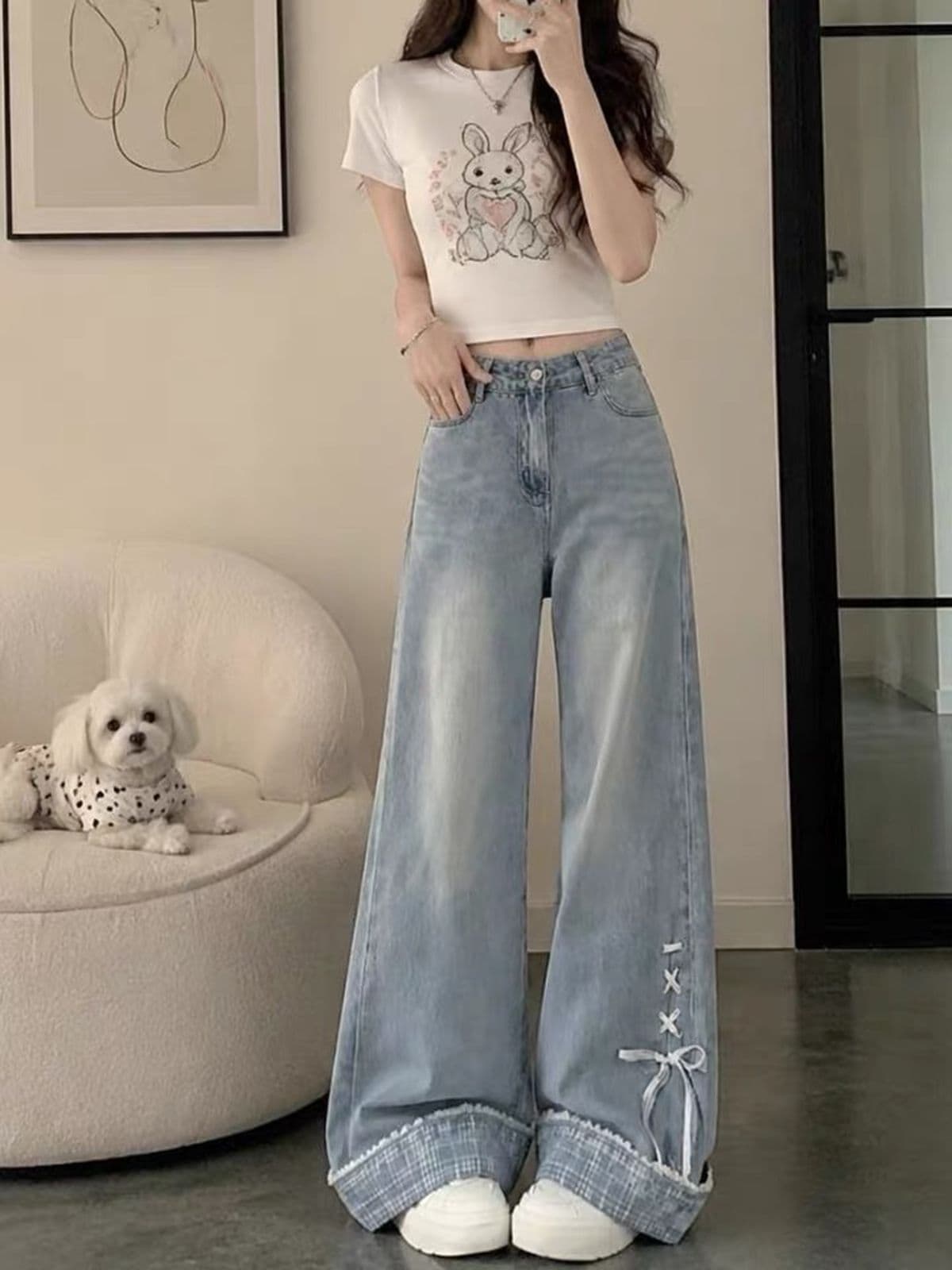 나비 매듭 스트랩 작은 대중 뒤집다 측면 청바지 바지 여자 2026 여름 새로운 루즈핏 스트레이트 팬츠 와이드 레그 팬츠