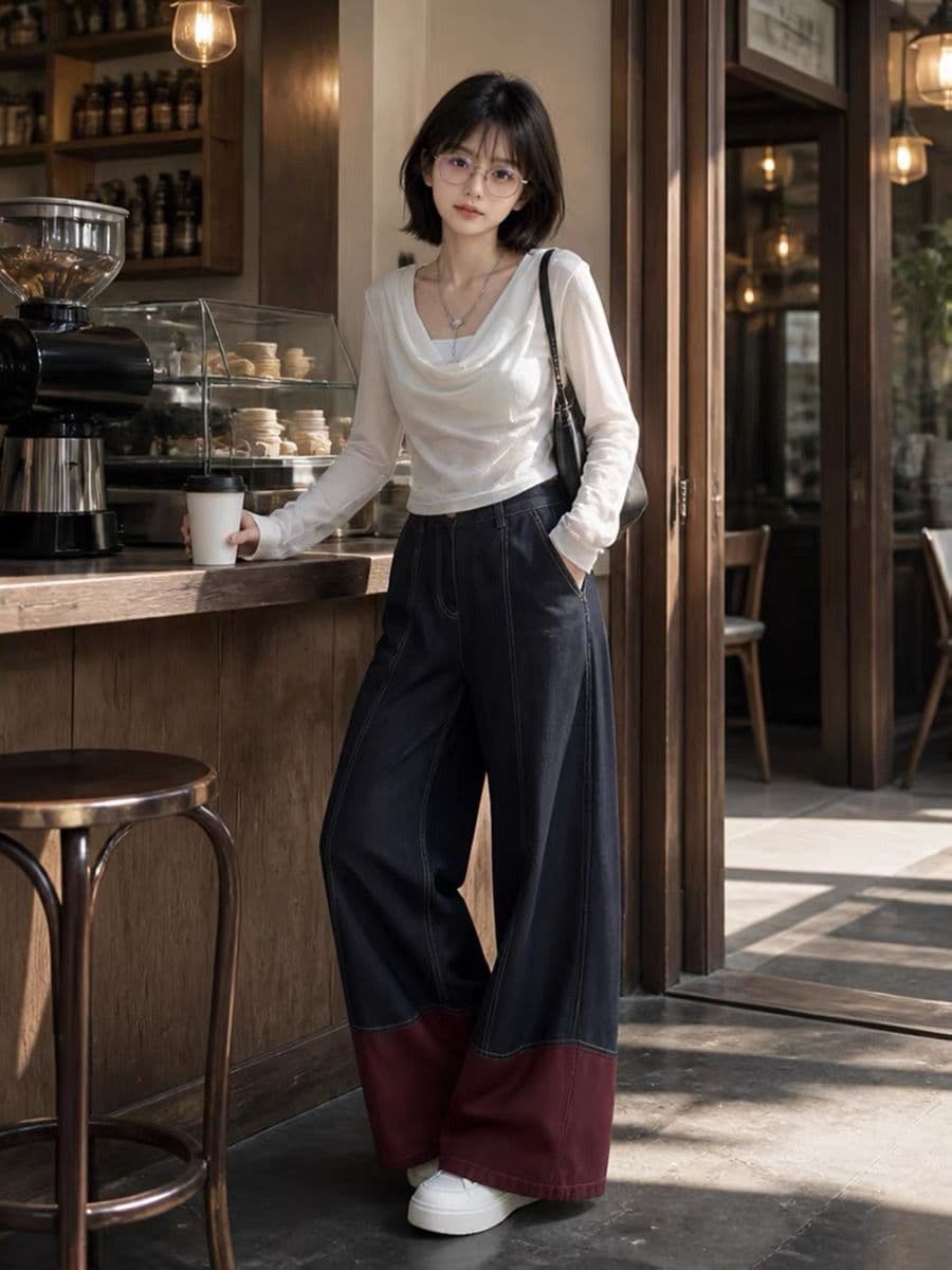 한국 스타일 세련된 Chic 배색 패치워크 데님 와이드 레깅스 바지 여름 새로운 디자인 센스 하이웨이스트 캐주얼 바닥 청소 바지 상세 이미지 3