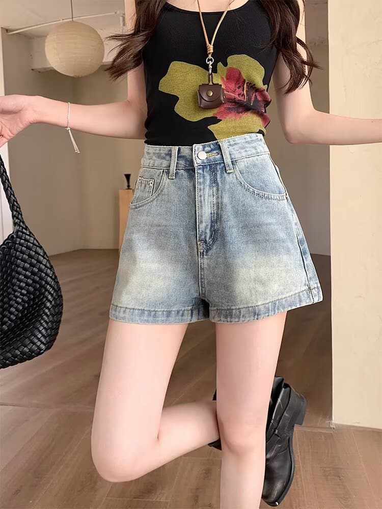 여름 새로운 아메리칸 레트로 데님 반바지 여성 루즈핏 표지 넓적 다리 하이웨이스트 넓은 다리 슬림해 보이는 다용도 한 마디 뜨거운 바지 상세 이미지 11
