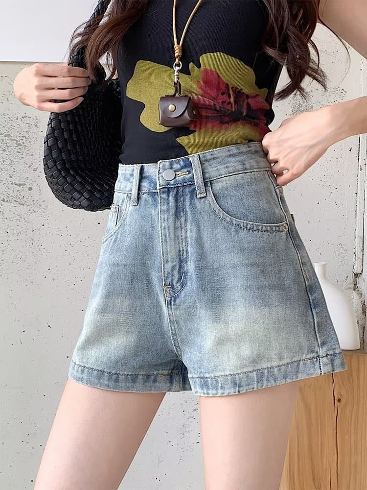 여름 새로운 아메리칸 레트로 데님 반바지 여성 루즈핏 표지 넓적 다리 하이웨이스트 넓은 다리 슬림해 보이는 다용도 한 마디 뜨거운 바지 상세 이미지 15