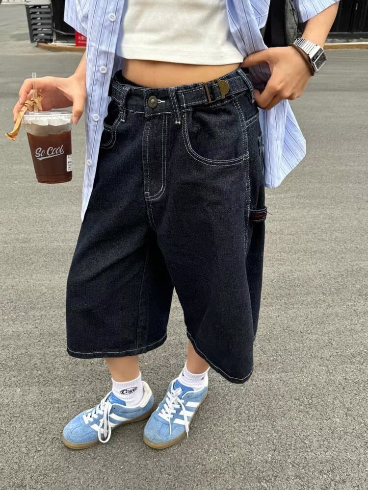 아메리칸 ootd 레트로 데님 바지 여성 여름 새로운 하이웨이스트 작은 키 스트레이트 와이드 레그 팬츠 7 점 바지 상세 이미지 7