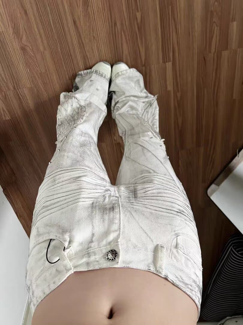 아메리칸 바 루 쌀 작은 대중 칼 절단 파괴 마 더러운 화이트 모통이 칼 청바지 여성 cleanfit 스트레이트 와이드 레그 팬츠 상세 이미지 4