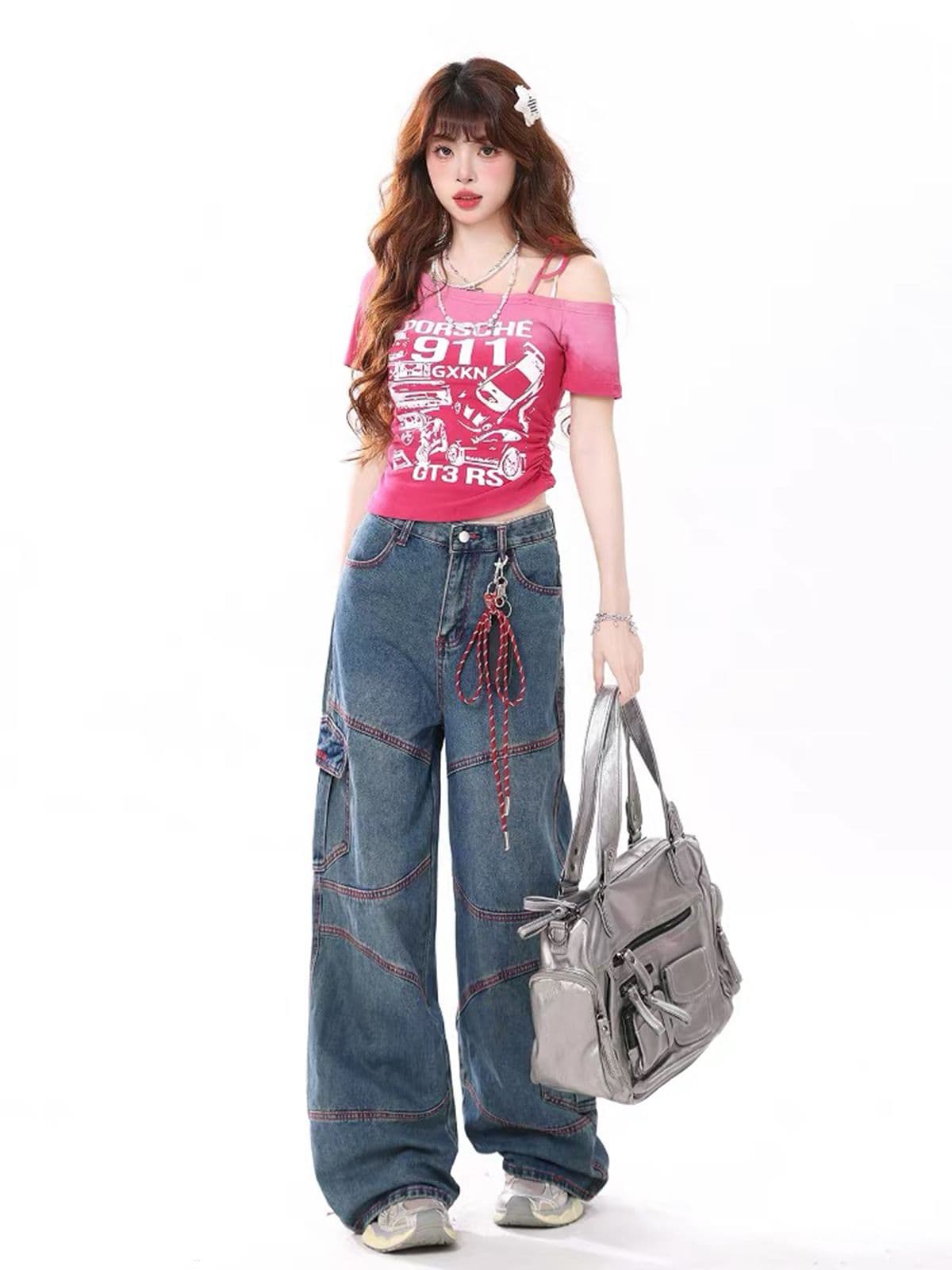 레트로 패치워크 색상 워크웨어 팬츠 여성 2026 새로운 주머니 디자인 센스 스트레이트 바닥 청소 청바지 이미지 3