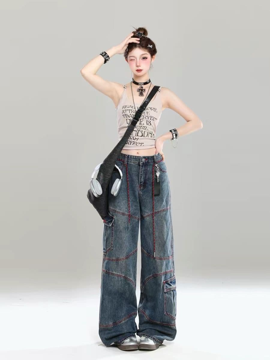 아메리칸 고급 센스 워크웨어 스트레이트 청바지 여성 여름 새로운 2026 슈퍼 화재 루즈핏 슬림해 보이는 넓은 다리 길이 바지 이미지 4