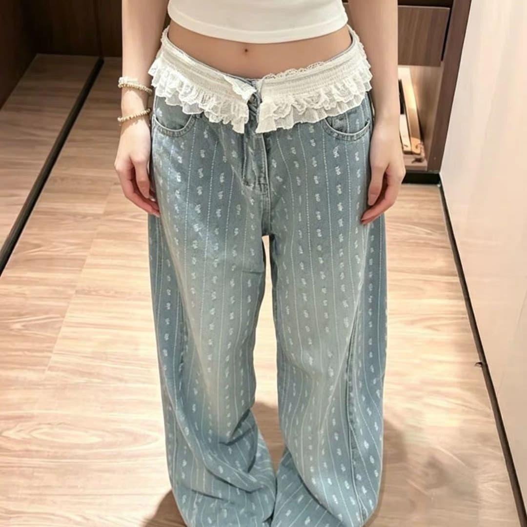 패션 레이스 레이스 패치워크 모통이 칼 청바지 여성 ins 디자인 센스 루즈핏 슬림해 보이는 넓은 다리 길이 바지 상세 이미지 5