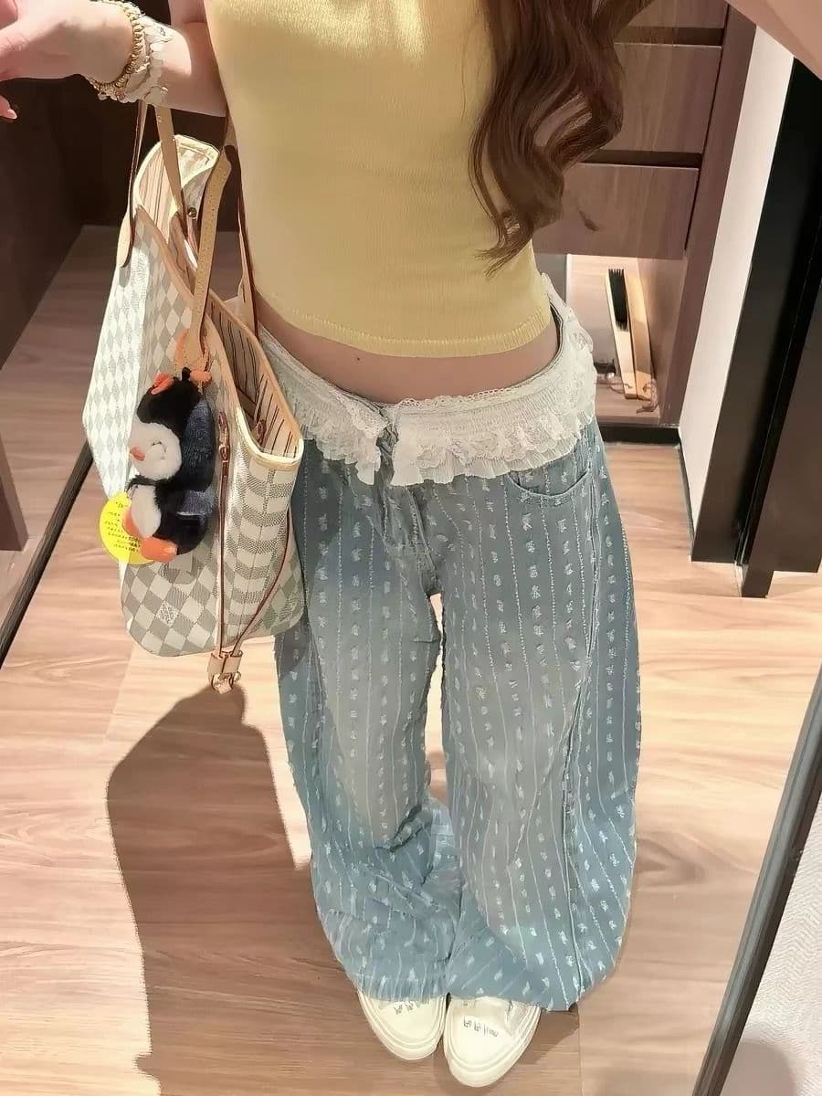 레이스 레이스 패치워크 자카드 모통이 칼 청바지 여성 여름 핫걸 새로운 루즈핏 슬림해 보이는 와이드 레그 팬츠 이미지 2