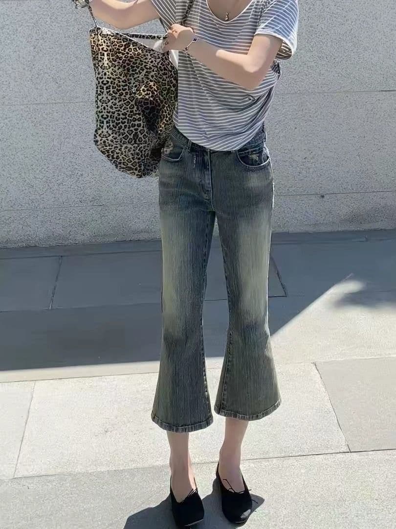 한 부서 워싱 마 오래된 데님 반바지 여성 여름 레트로 부츠컷 바지 몸매 가꾸기 슬림해 보이는 다용도 스트레이트 7부 바지 상세 이미지 4