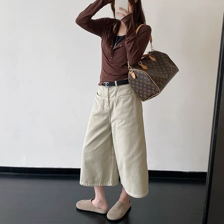 2026 새로운 아메리칸 레트로 캐주얼 다용도 넓은 다리 슬림해 보이는 루즈핏 스트레이트 데님 7부 바지 아이들 이미지 5