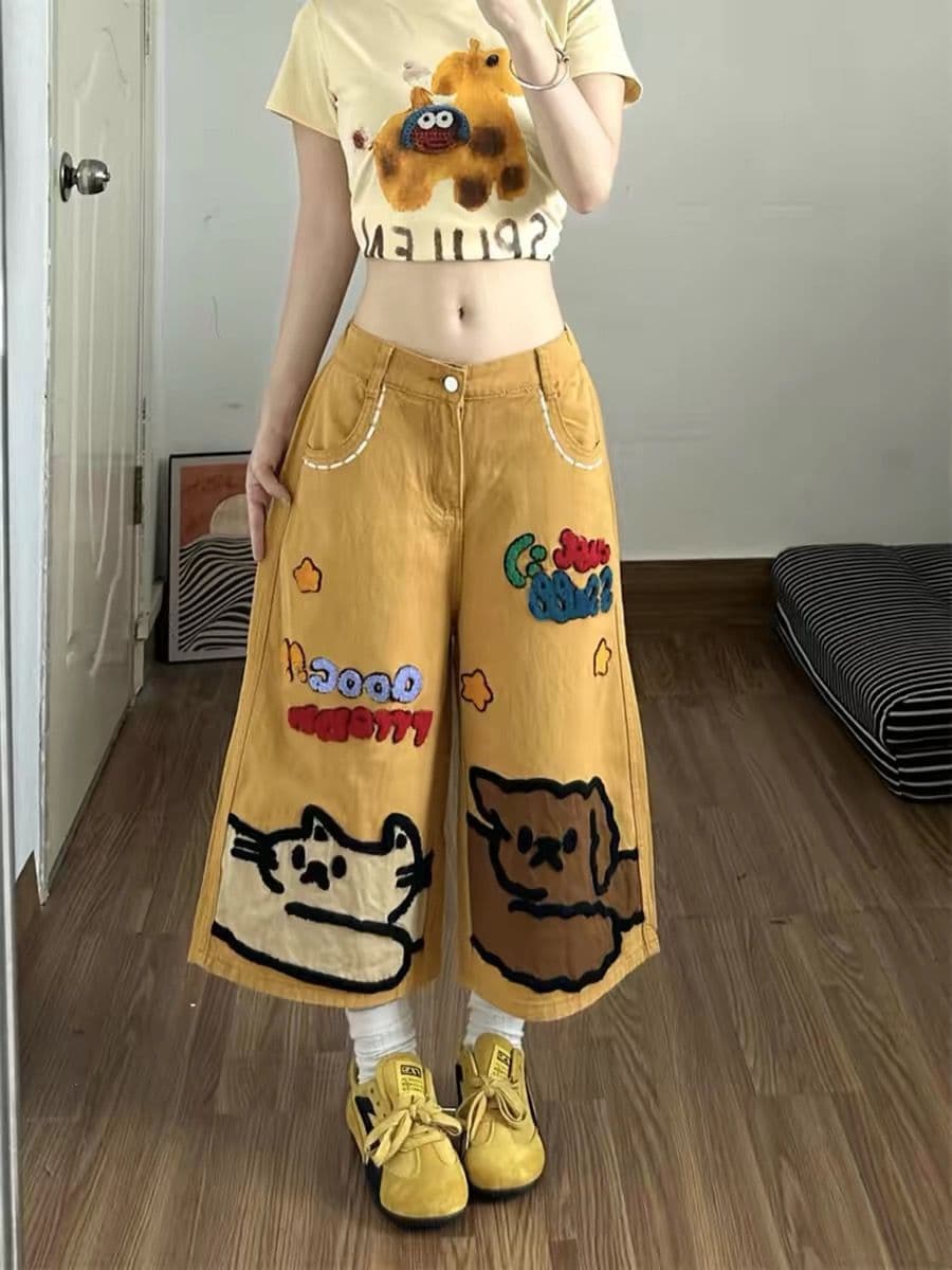 아메리칸 패치워크 만화 알파벳 황색 청바지 여성 여름 몸매 가꾸기 슬림해 보이는 워싱 주머니 디자인 센스 7부 바지