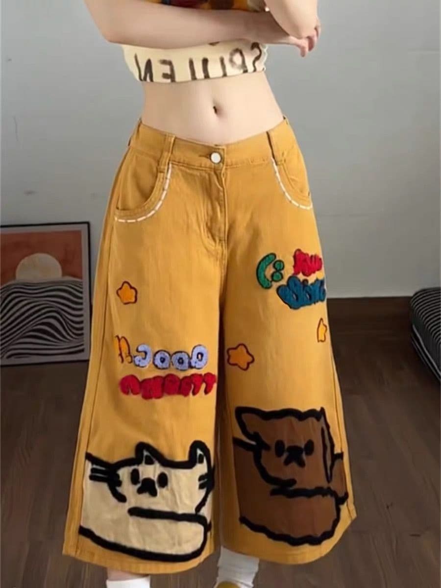 아메리칸 패치워크 만화 알파벳 황색 청바지 여성 여름 몸매 가꾸기 슬림해 보이는 워싱 주머니 디자인 센스 7부 바지 상세 이미지 5