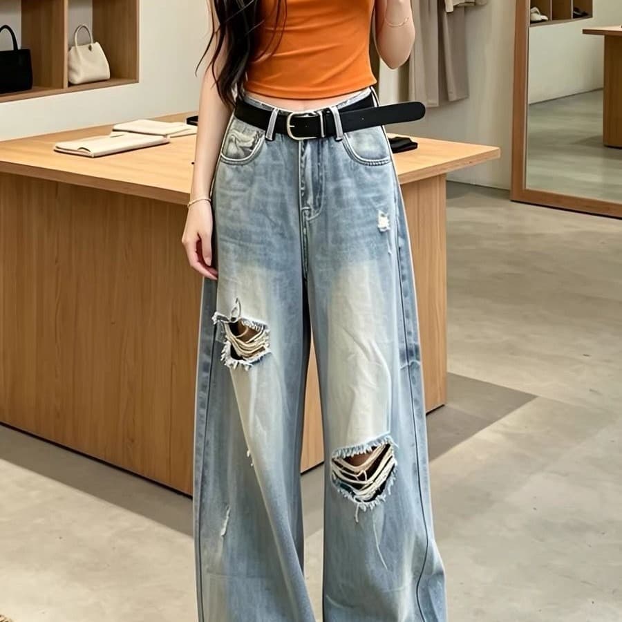 아메리칸 레트로 워싱 찢어진 부분 넓은 다리 청바지 여성 마 오래된 하이웨이스트 루즈핏 슬림해 보이는 스트레이트 바닥 청소 바지 상세 이미지 5
