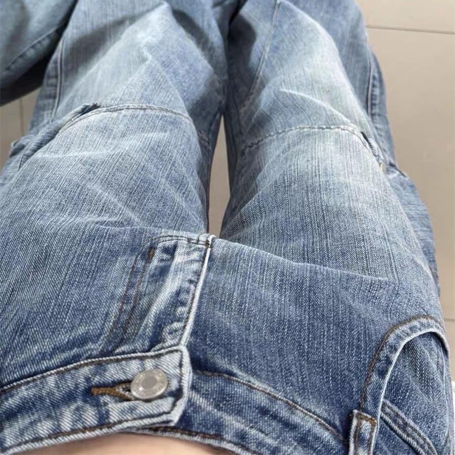 아메리칸 패치워크 워싱 마 오래된 파란색 모통이 칼 단추 청바지 여성 여름 루즈핏 디자인 센스 스트레이트 긴 바지 트렌디 상세 이미지 5