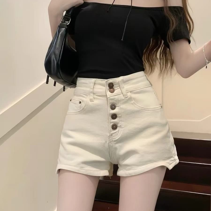 여름 새로운 데님 반바지 여성 디자인 센스 싱글 줄 버튼 핫걸 슬림해 보이는 작은 키 표지 넓적 다리 넓은 다리 핫 바지 이미지 5
