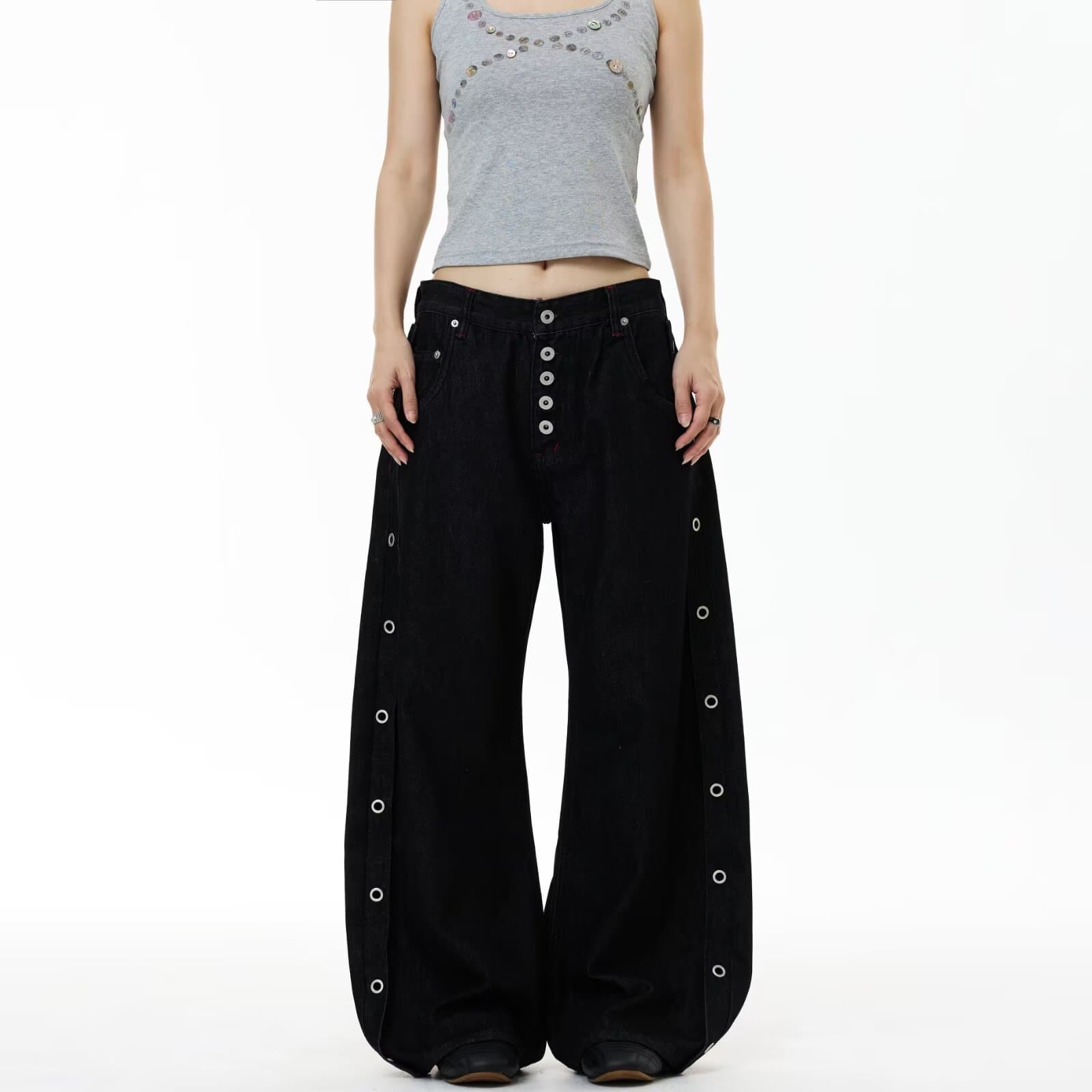 아메리칸 ootd 해체 단추 구멍 모통이 칼 바지 청바지 남녀 봄 여름 도루 센스 캐주얼 루즈핏 넓은 다리 바닥 청소 바지 트렌디 이미지 4