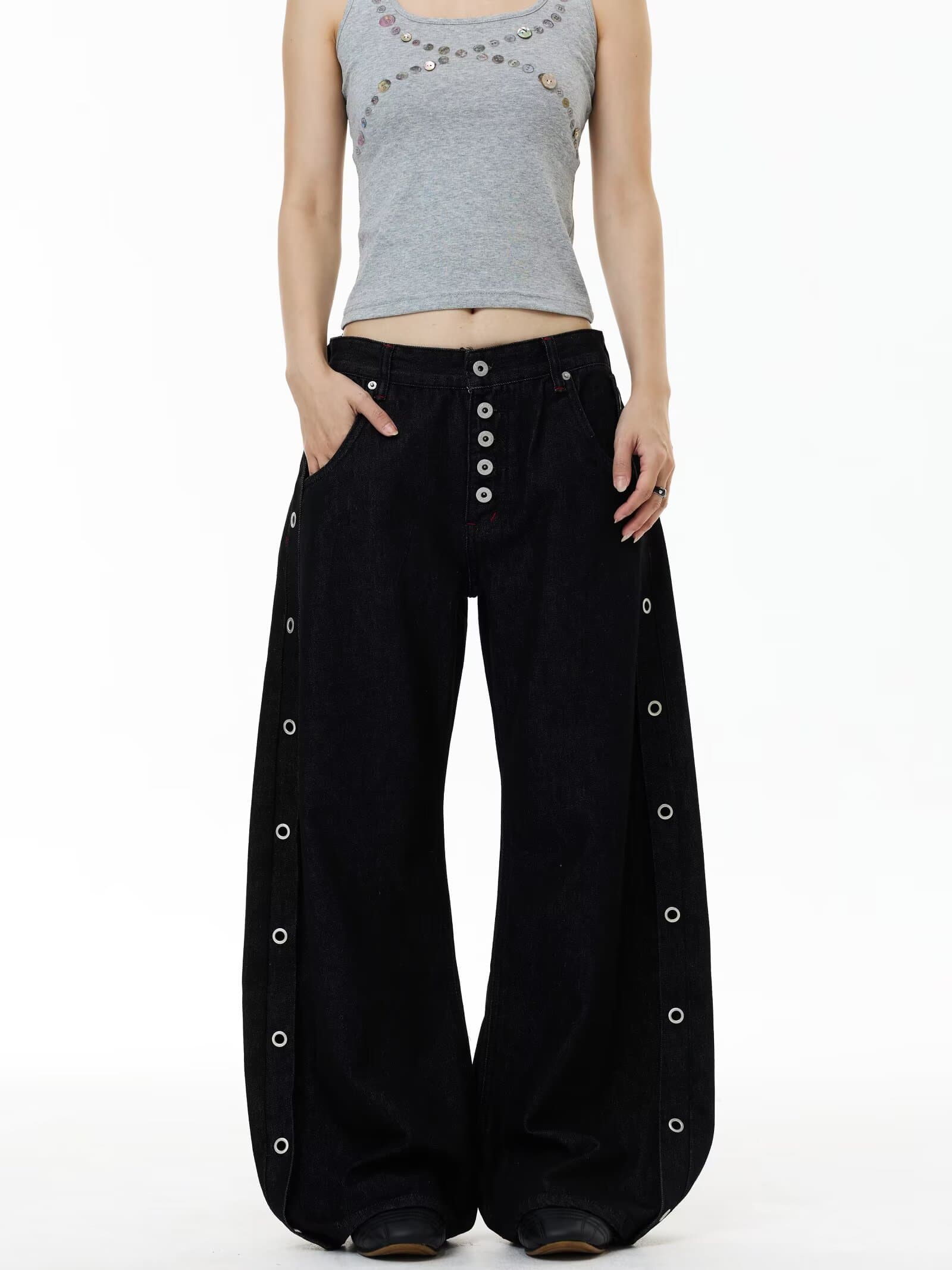 아메리칸 ootd 해체 단추 구멍 모통이 칼 바지 청바지 남녀 봄 여름 도루 센스 캐주얼 루즈핏 넓은 다리 바닥 청소 바지 트렌디