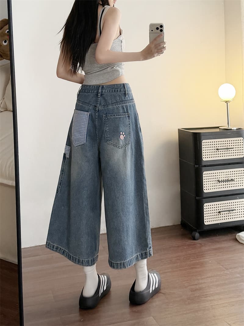 실사 여름 아메리칸 달콤한 차가운 강아지 자수 디자인 7부 바지 체크무늬 패치워크 슬림해 보이는 넓은 다리 바지 상세 이미지 11