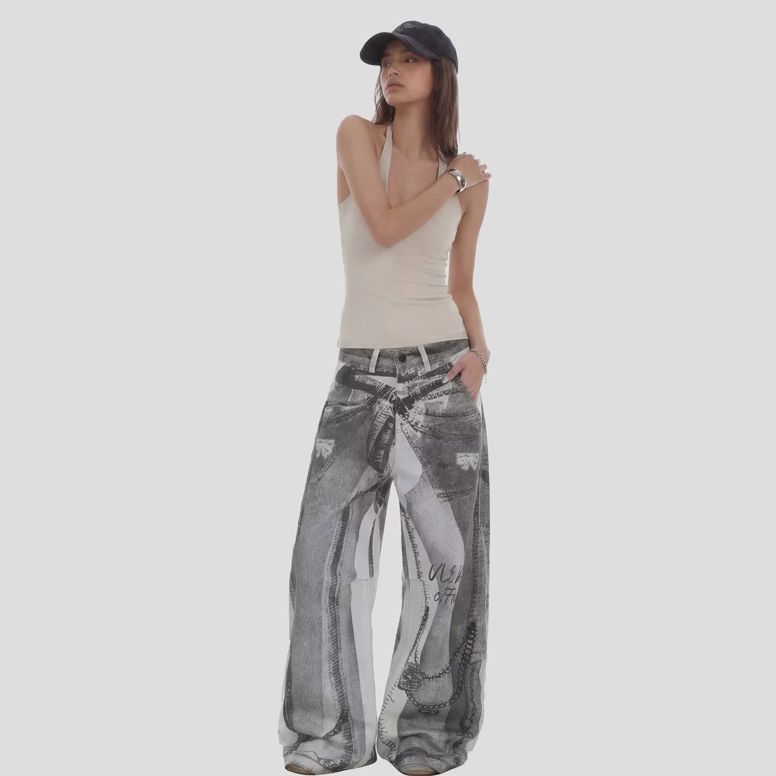 아메리칸 ootd 높음 거리 레트로 마 오래된 디자인 센스 청바지 남녀 조수 브랜드 루즈핏 와이드 레그 팬츠 캐주얼 긴 바지 이미지 2