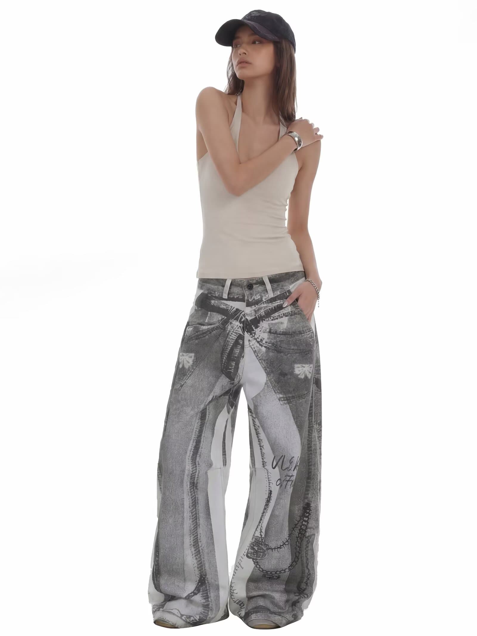 아메리칸 ootd 높음 거리 레트로 마 오래된 디자인 센스 청바지 남녀 조수 브랜드 루즈핏 와이드 레그 팬츠 캐주얼 긴 바지 상세 이미지 16