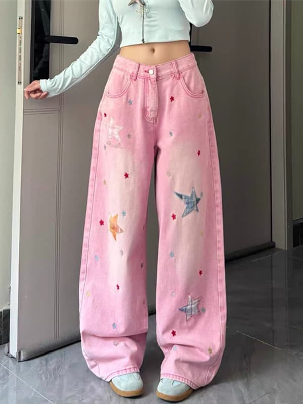 슈퍼 잘 생긴 별 패치 워싱 청바지 바지 여자 2026 새로운 루즈핏 다용도 바닥 청소 긴 바지