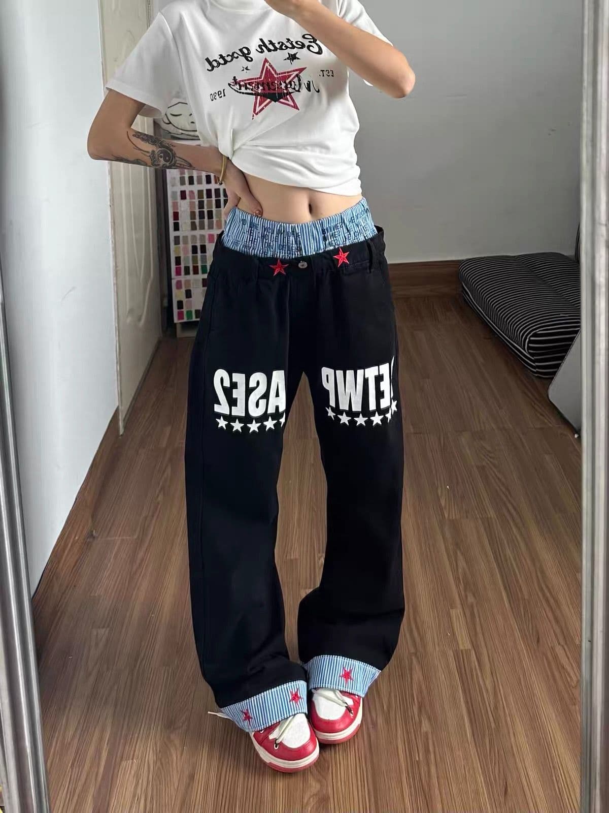 아메리칸 레트로 작은 대중 더블 허리 패치워크 모통이 칼 청바지 여성 새로운 스택 힙 디자인 센스 디스플레이 높음 루즈핏 스트레이트 팬츠 상세 이미지 2