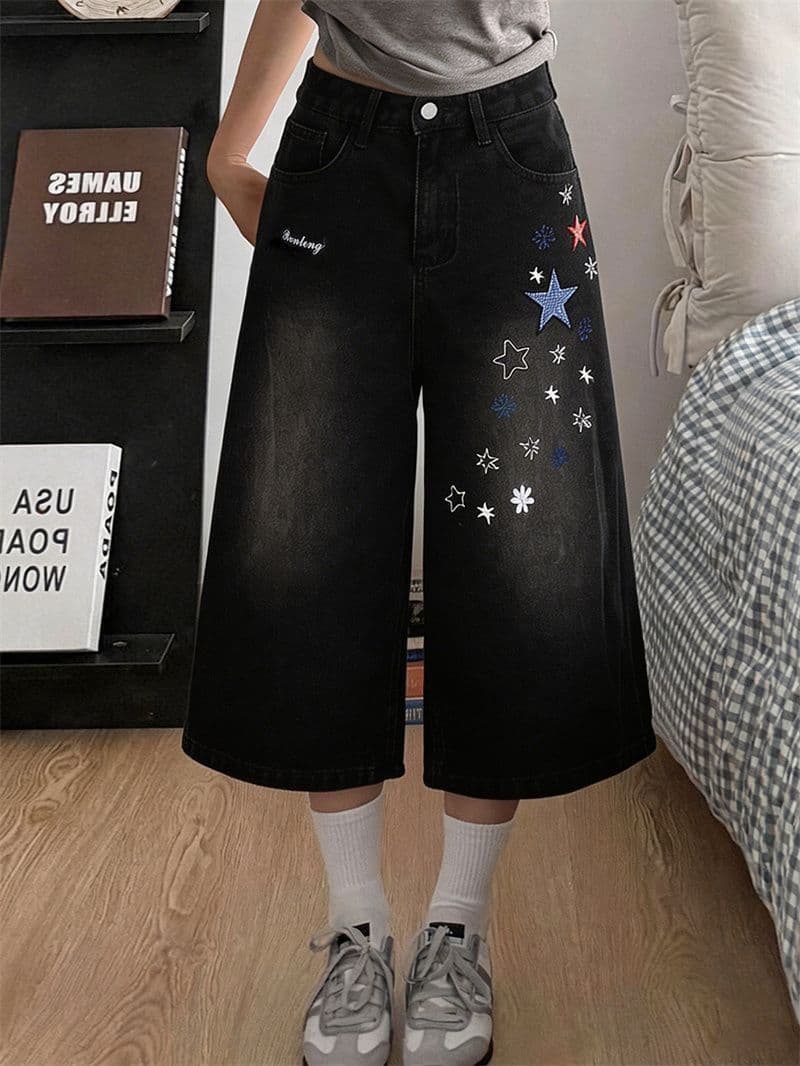 아메리칸 핫걸 별 자수 넓은 다리 데님 반바지 여성 여름 새로운 루즈핏 캐주얼 슬림해 보이는 7부 바지 바지 상세 이미지 2