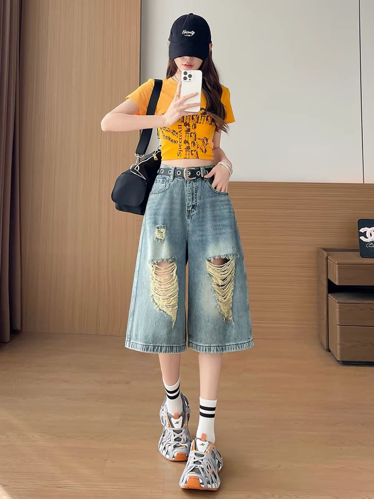아메리칸 레트로 찢어진 부분 7 점 청바지 여성 여름 새로운 마 오래된 디자인 센스 루즈핏 캐주얼 넓은 다리 중 바지 상세 이미지 2