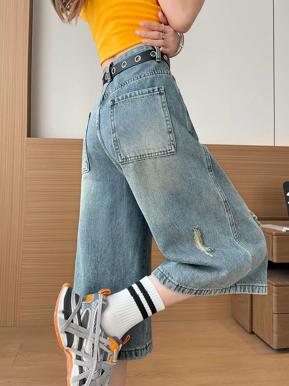 아메리칸 레트로 찢어진 부분 7 점 청바지 여성 여름 새로운 마 오래된 디자인 센스 루즈핏 캐주얼 넓은 다리 중 바지 상세 이미지 4