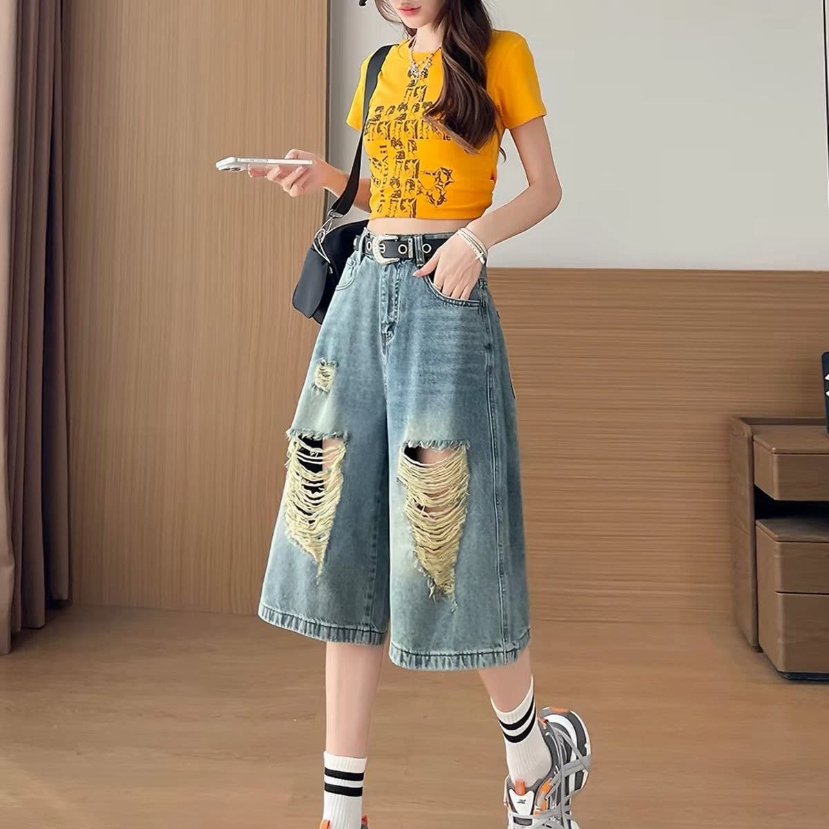아메리칸 레트로 찢어진 부분 7 점 청바지 여성 여름 새로운 마 오래된 디자인 센스 루즈핏 캐주얼 넓은 다리 중 바지 상세 이미지 5