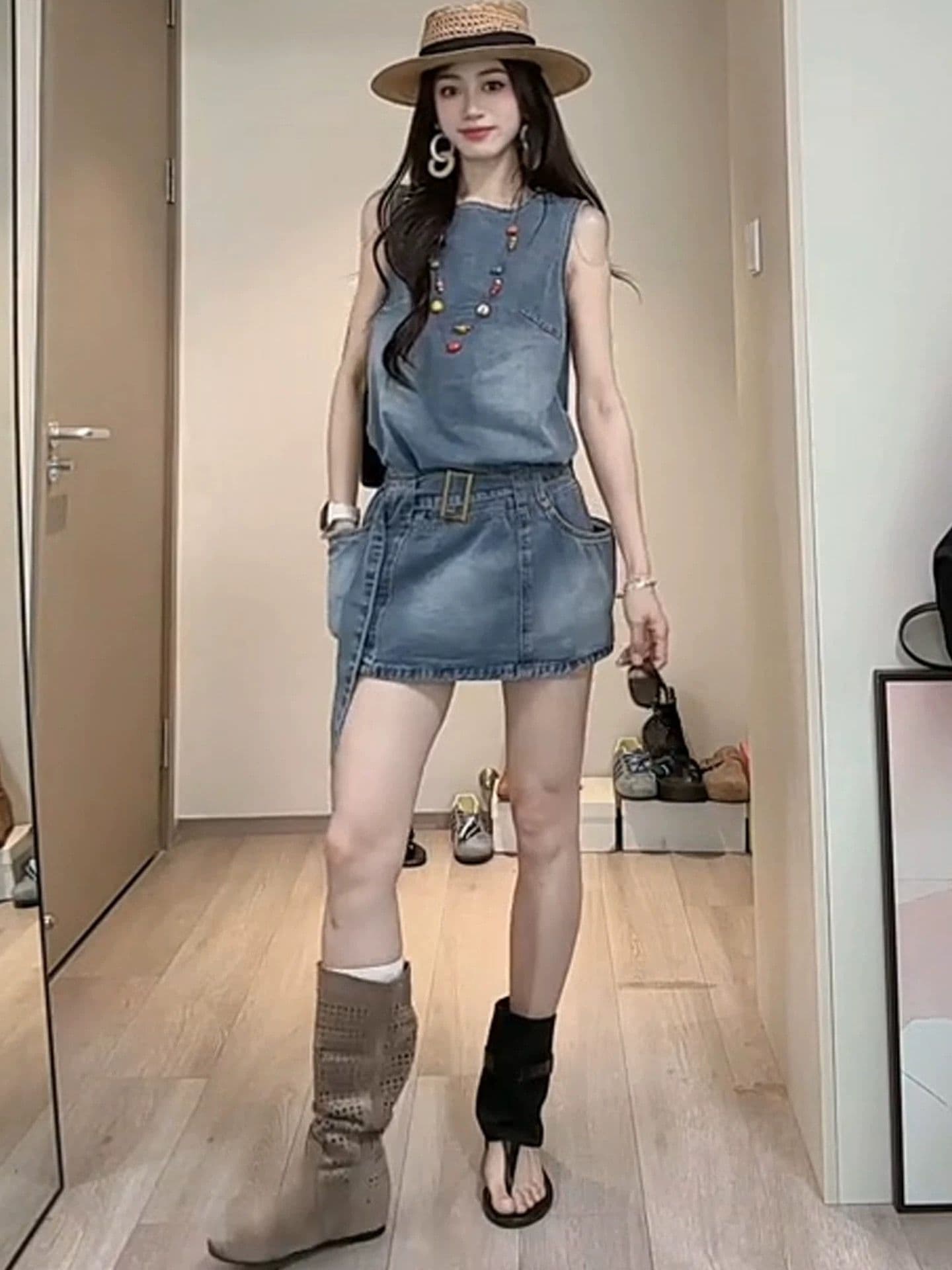 레트로 데님 여성 드레스 여름 2026 새로운 캐주얼 민소매 라운드 넥 A라인 스커트 루즈핏 다용도 조끼 스커트 상세 이미지 2