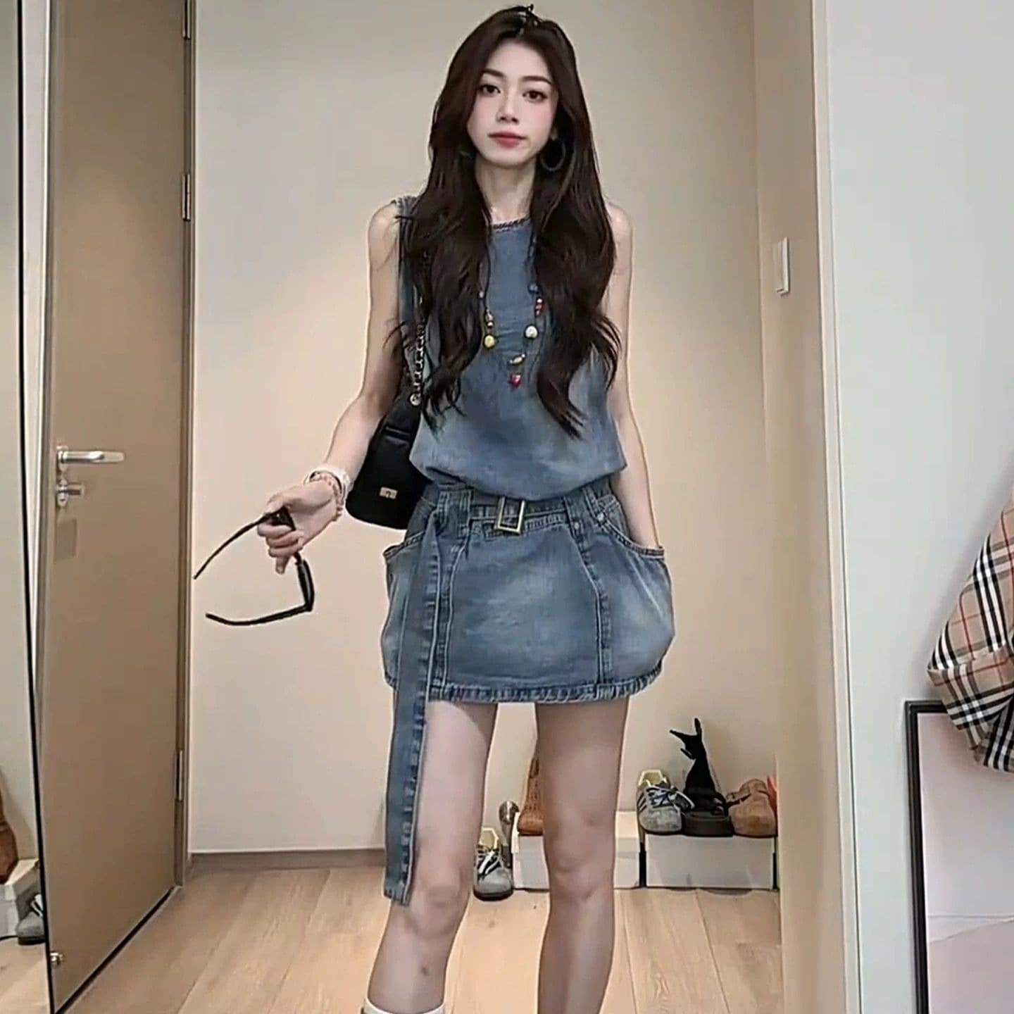 레트로 데님 여성 드레스 여름 2026 새로운 캐주얼 민소매 라운드 넥 A라인 스커트 루즈핏 다용도 조끼 스커트 상세 이미지 5