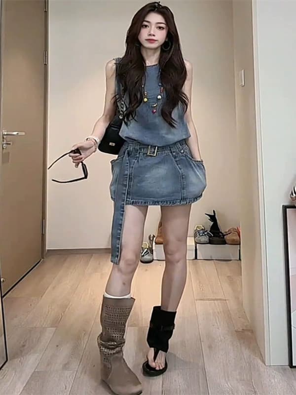 레트로 데님 여성 드레스 여름 2026 새로운 캐주얼 민소매 라운드 넥 A라인 스커트 루즈핏 다용도 조끼 스커트