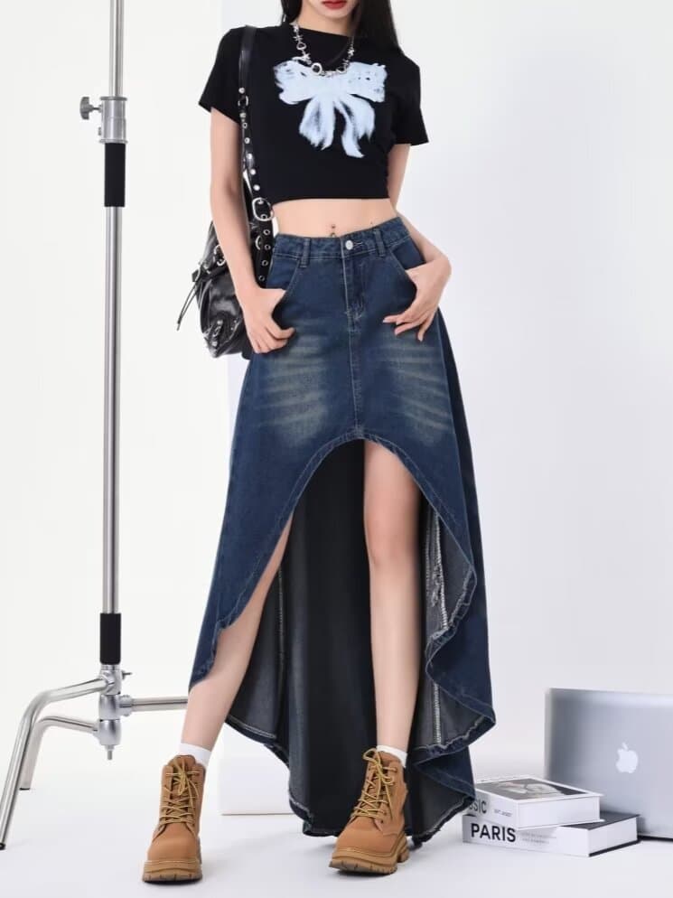 봄 가을 개미 새로운 불규칙 디자인 센스 핫걸 데님 스커트 여성 여름 레트로 루즈핏 슬림해 보이는 프릴 롱 스커트 상세 이미지 3