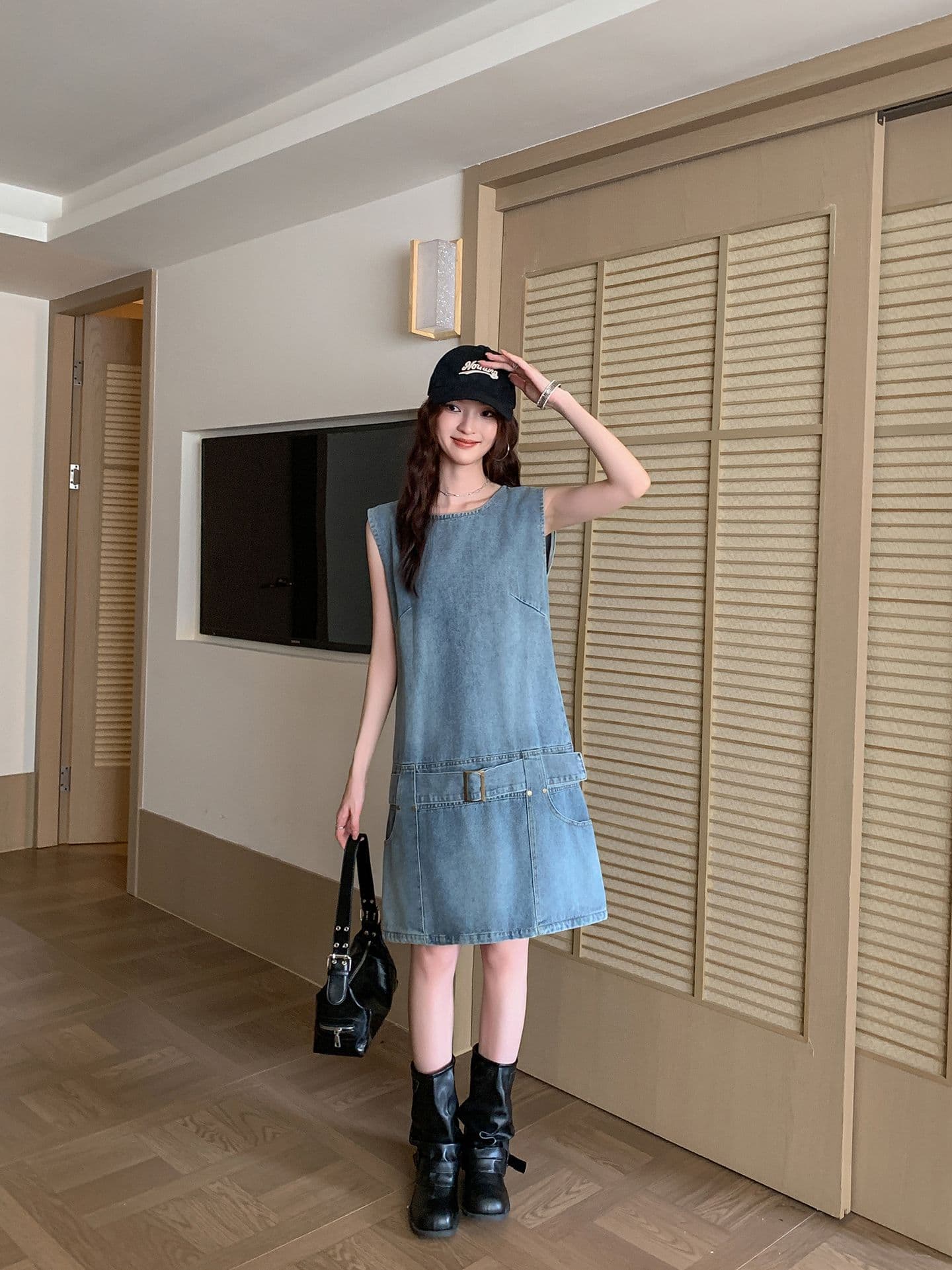 실사 정가 아메리칸 레트로 마 오래된 데님 조끼 원피스 여성 의류 여름 Chic 연령 감소 루즈핏 A라인 스커트 상세 이미지 6