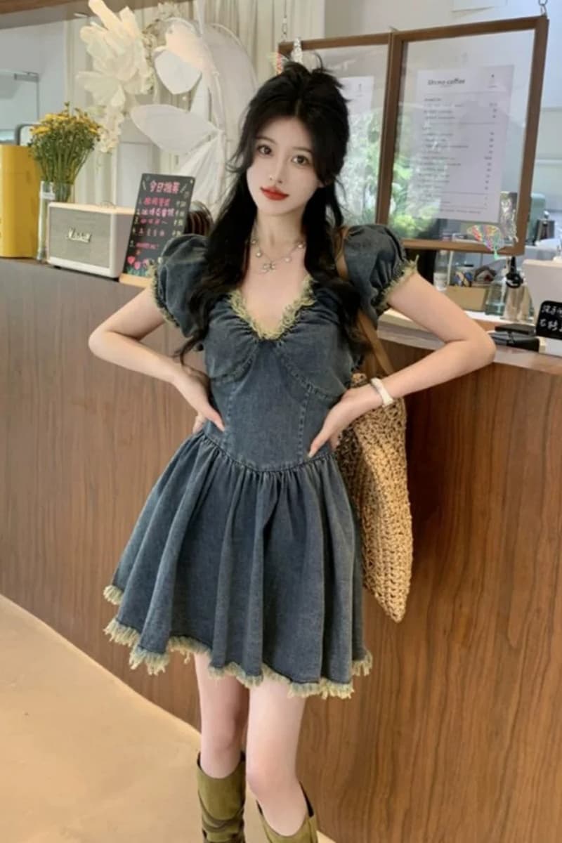 마이크로 지방 디자인 센스 작은 대중 거친 가장자리 데님 여성 드레스 여름 새로운 레트로 허리 수축 슬림해 보이는 A라인 스커트 미니 스커트 상세 이미지 4