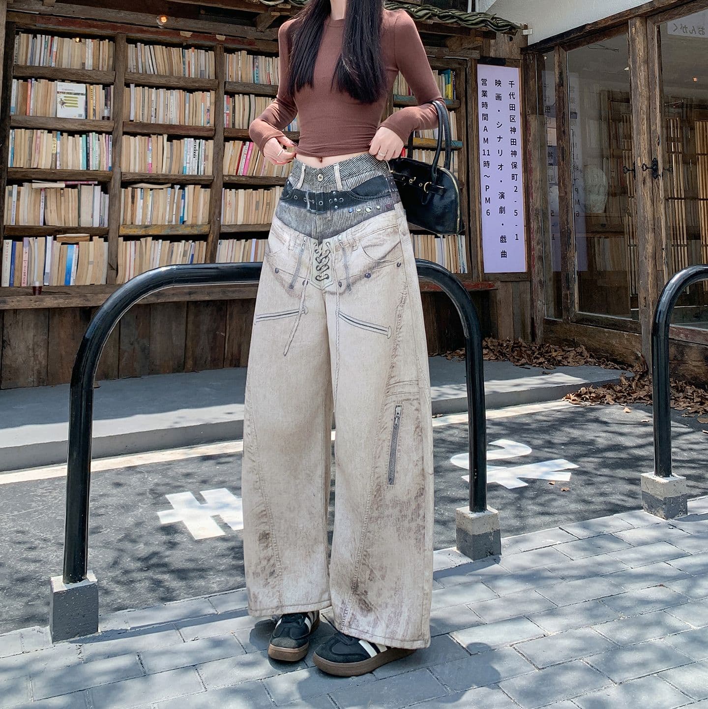실사 정가 아메리칸 3d 인쇄 스트라이프 더블 허리 머리 모통이 칼 청바지 여성 레트로 루즈핏 캐주얼 와이드 레그 팬츠 상세 이미지 8