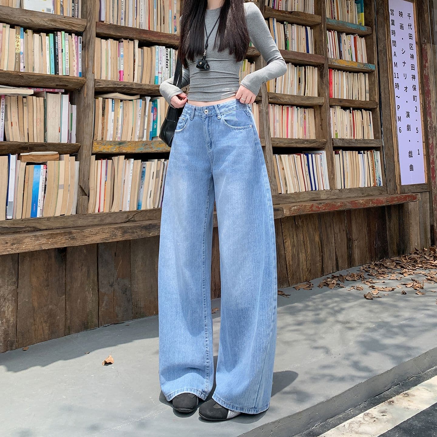 실사 정가 레트로 십자가 징 모통이 칼 청바지 여성 검정색 높음 거리 루즈핏 슬림해 보이는 넓은 다리 길이 바지 상세 이미지 20