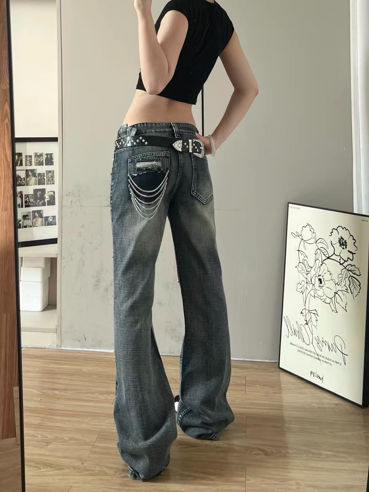 아메리칸 레트로 이문화 청바지 아이들 여름 새로운 찢어진 부분 징 작은 대중 디자인 센스 마이크로 나팔 긴 바지 상세 이미지 4