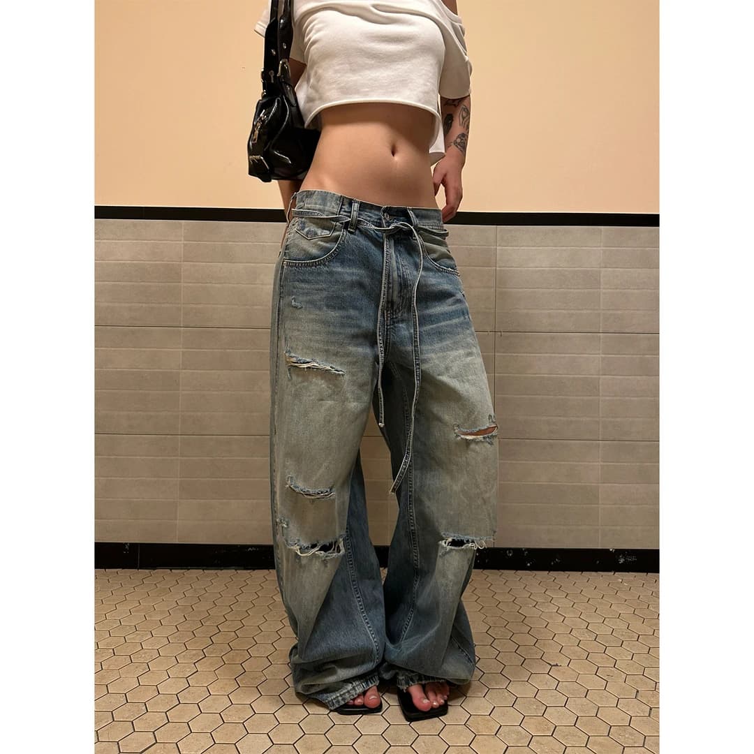 아메리칸 새로운 개념 레트로 워싱 고양이 반드시 찢어진 부분 모통이 칼 청바지 남녀 루즈핏 리본 디자인 슬림해 보이는 긴 바지 상세 이미지 2