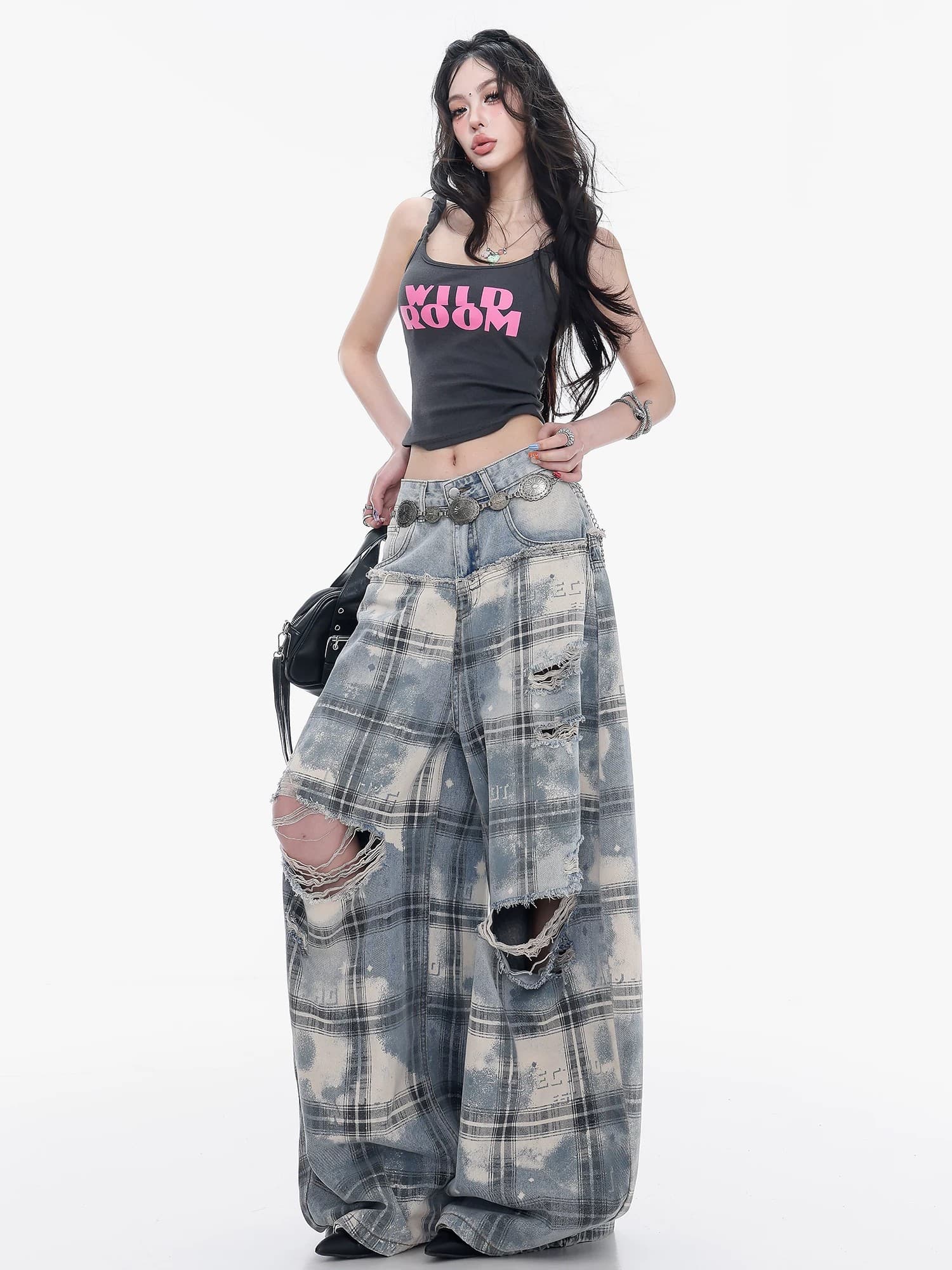 여름 데님 바쁜 아메리칸 체크무늬 찢어진 부분 와이드 레그 팬츠 청바지 루즈핏 슬림해 보이는 모통이 칼 바지 여성 레저 롱 바지 이미지 3