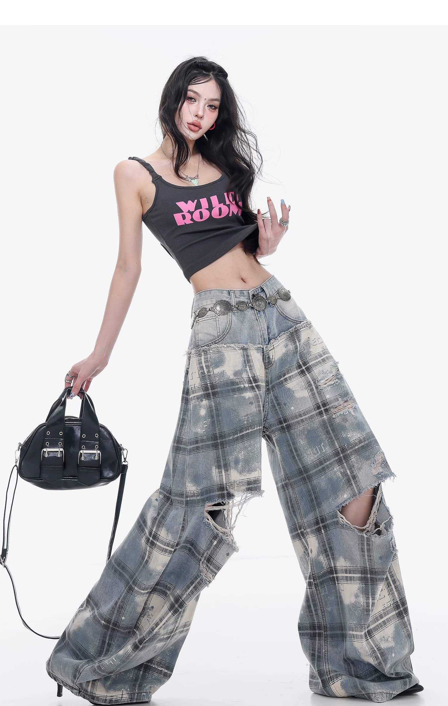 여름 데님 바쁜 아메리칸 체크무늬 찢어진 부분 와이드 레그 팬츠 청바지 루즈핏 슬림해 보이는 모통이 칼 바지 여성 레저 롱 바지 상세 이미지 16