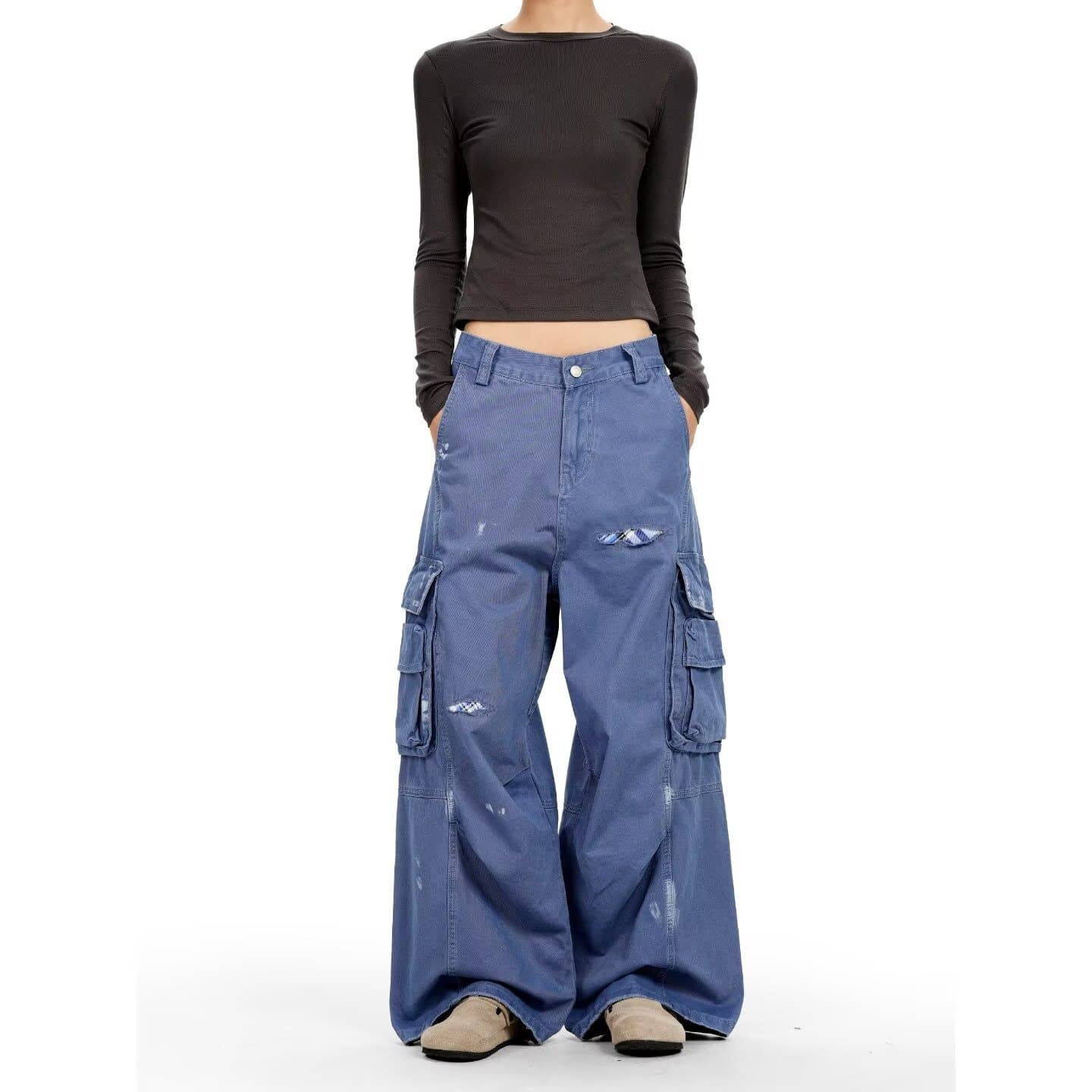 아메리칸 ootd 레트로 기타 주머니 워크웨어 청바지 남녀 체크무늬 패치 파괴 패치 먹물 스트레이트 팬츠 이미지 3