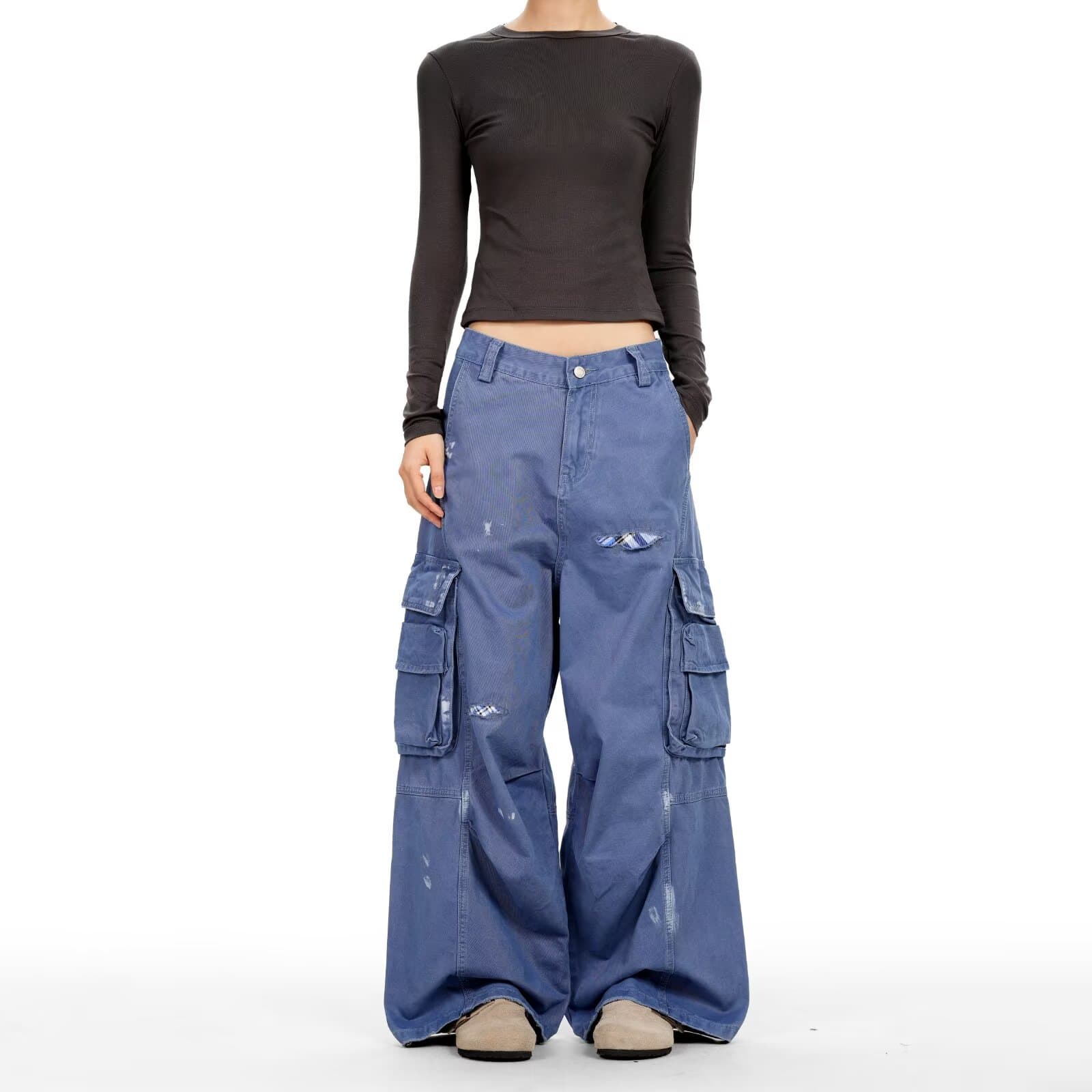 아메리칸 ootd 레트로 기타 주머니 워크웨어 청바지 남녀 체크무늬 패치 파괴 패치 먹물 스트레이트 팬츠 상세 이미지 7