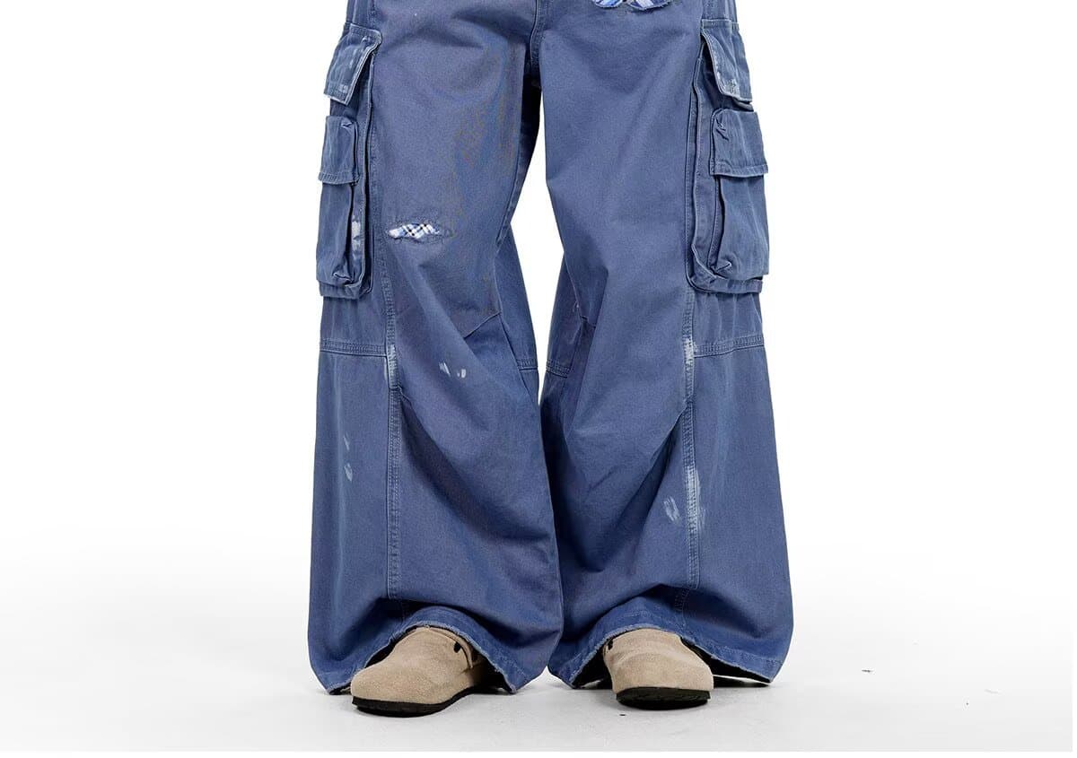 아메리칸 ootd 레트로 기타 주머니 워크웨어 청바지 남녀 체크무늬 패치 파괴 패치 먹물 스트레이트 팬츠 상세 이미지 10