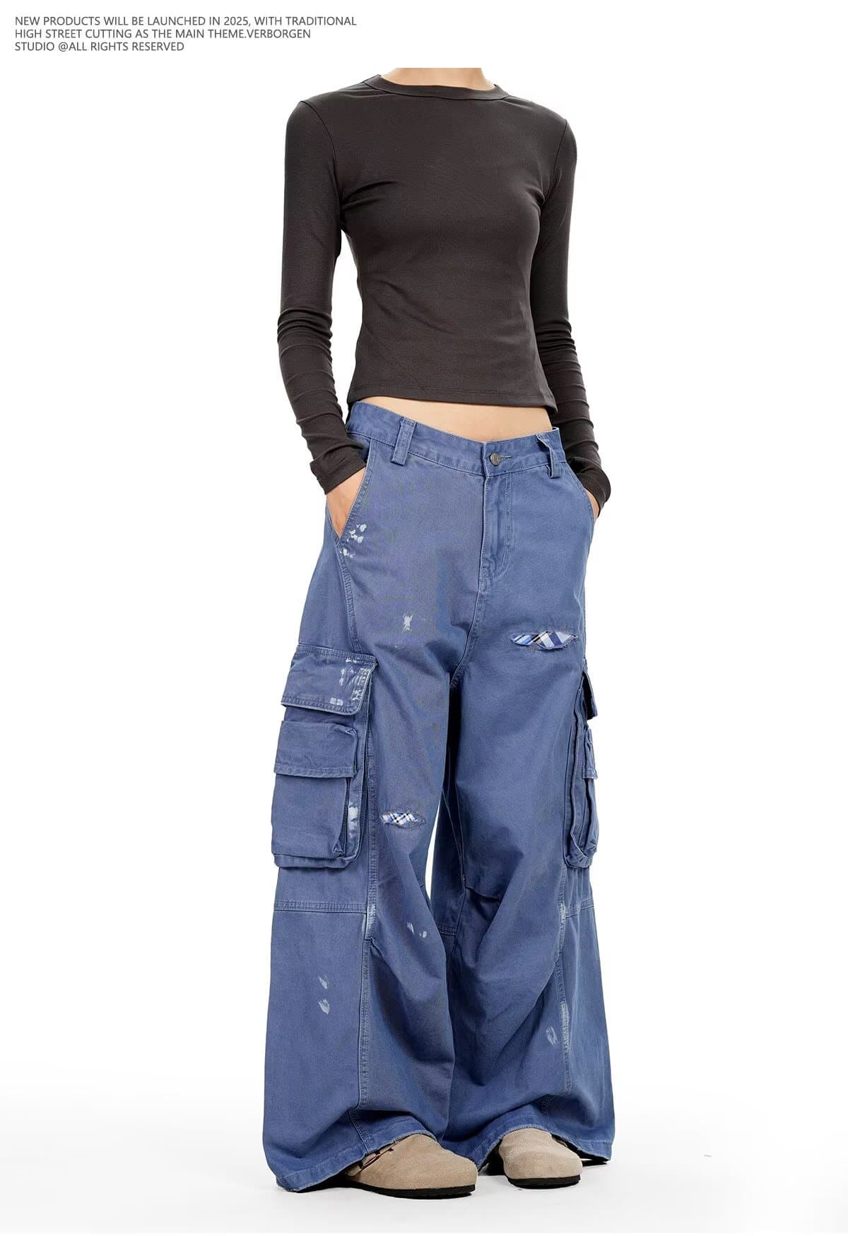 아메리칸 ootd 레트로 기타 주머니 워크웨어 청바지 남녀 체크무늬 패치 파괴 패치 먹물 스트레이트 팬츠 상세 이미지 12