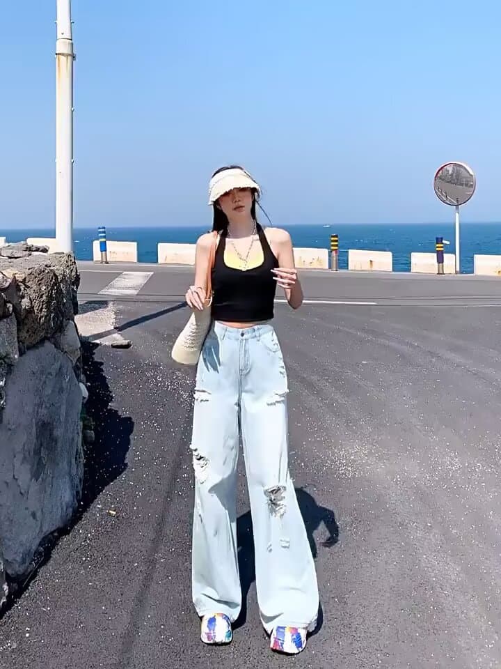 아메리칸 주오 에 따르면 워싱 부츠컷 청바지 남자 여자 봄 가을 루즈핏 캐주얼 와이드 레그 팬츠 조수 브랜드 커플 긴 바지 상세 이미지 1