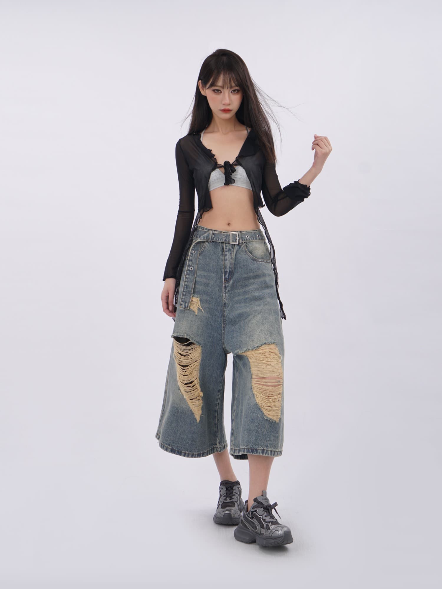 아메리칸 높음 거리 클래스 레트로 루즈핏 넓은 다리 찢어진 부분 청바지 여성 여름 로우 웨이스트 스트레이트 워싱 마 오래된 7부 바지 상세 이미지 17