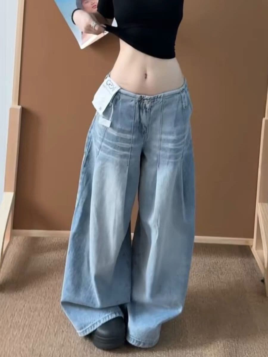 아메리칸 하늘색 없음 허리 머리 넓은 다리 청바지 여성 여름 새로운 레트로 로우 웨이스트 주름 플리츠 바닥 청소 긴 바지 이미지 2