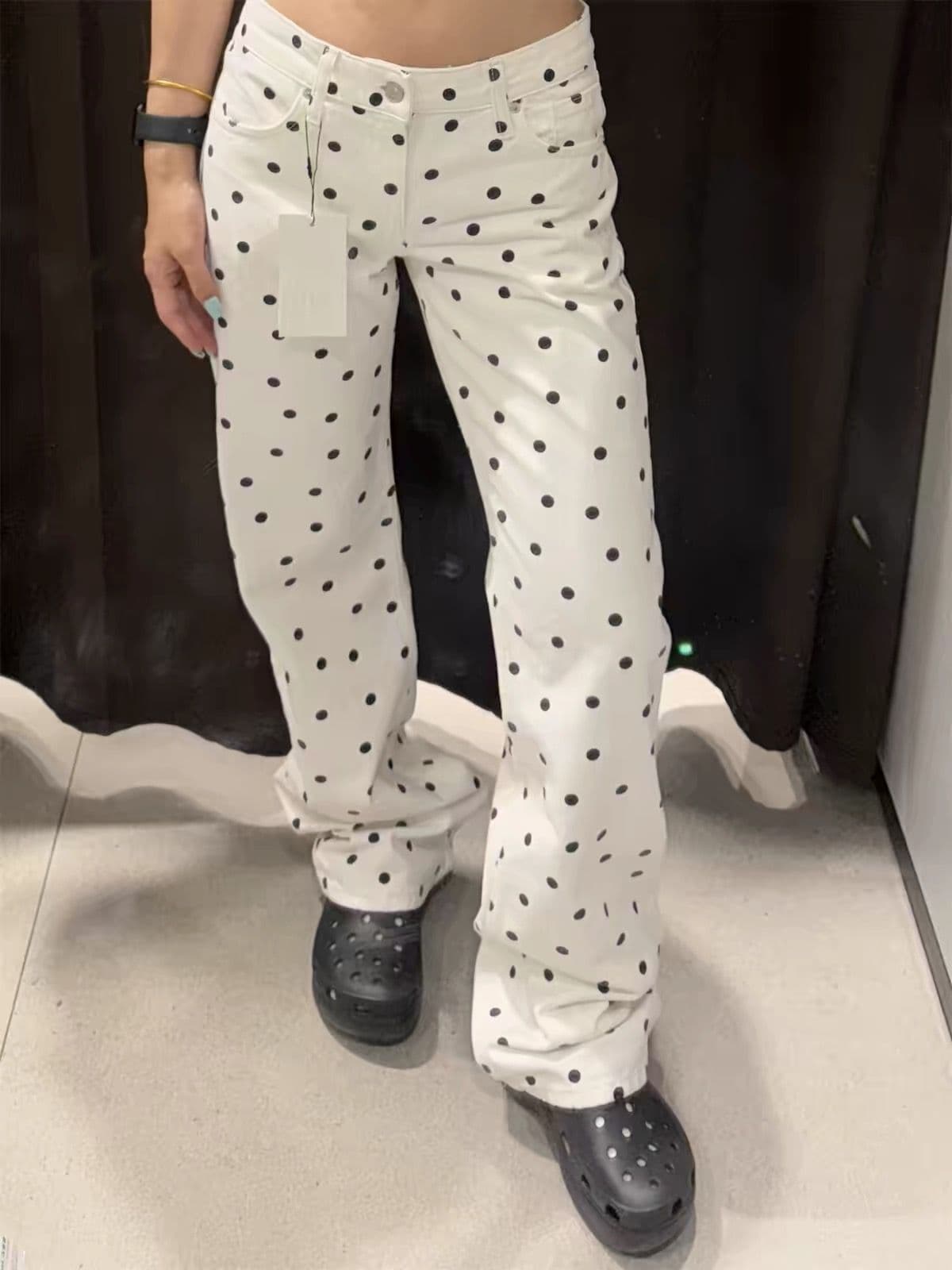 아메리칸 레트로 화이트 로우 웨이스트 도트 무늬 청바지 여성 몸매 가꾸기 슬림해 보이는 핫걸 좁은 에디션 스트레이트 팬츠