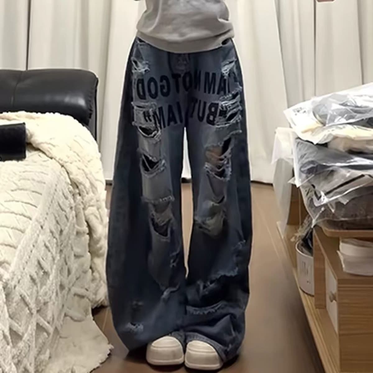 아메리칸 핫걸 거리 찢어진 부분 청바지 여성 여름 디자인 센스 레트로 바지 개성 알파벳 바닥 청소 와이드 레그 팬츠 이미지 5